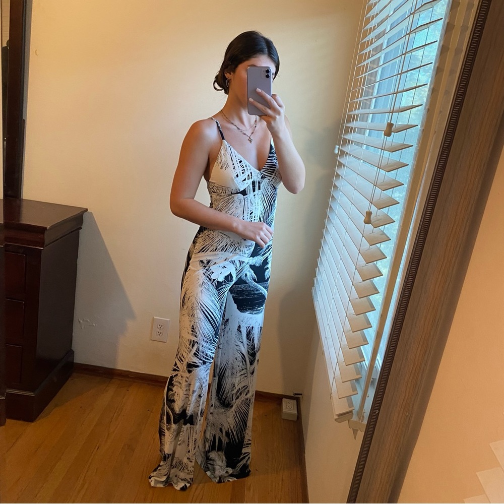 Norma Kamali Palm Print Jumpsuit Black & White